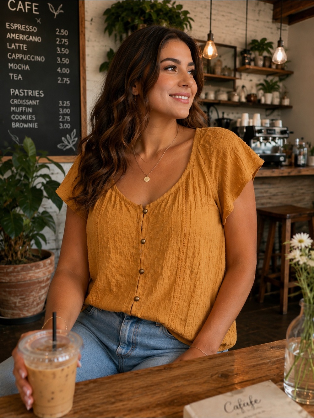 Rewind -Mustard Front Button Textured Boho Top Size XL